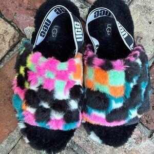 UGG Women's Super Fluff Yeah Slipper Slides Sandal Black Multi Checkered Sz 5